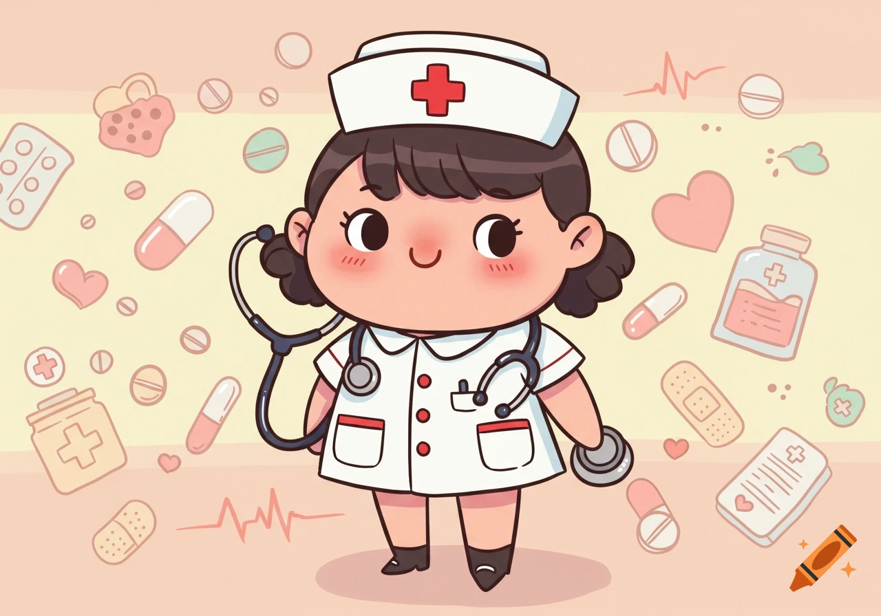 A cute cartoon nurse in a white uniform with a red cross hat, holding a stethoscope, surrounded by various medical items.
