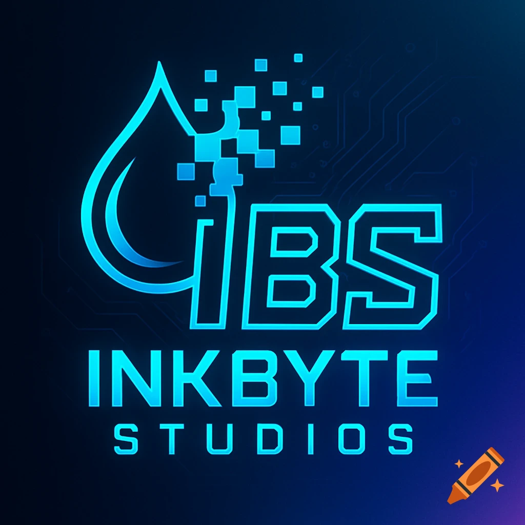 Blue neon glow logo for InkByte Studios, featuring 'iBS' with a dripping water pixelated effect, on a dark circuit board background.