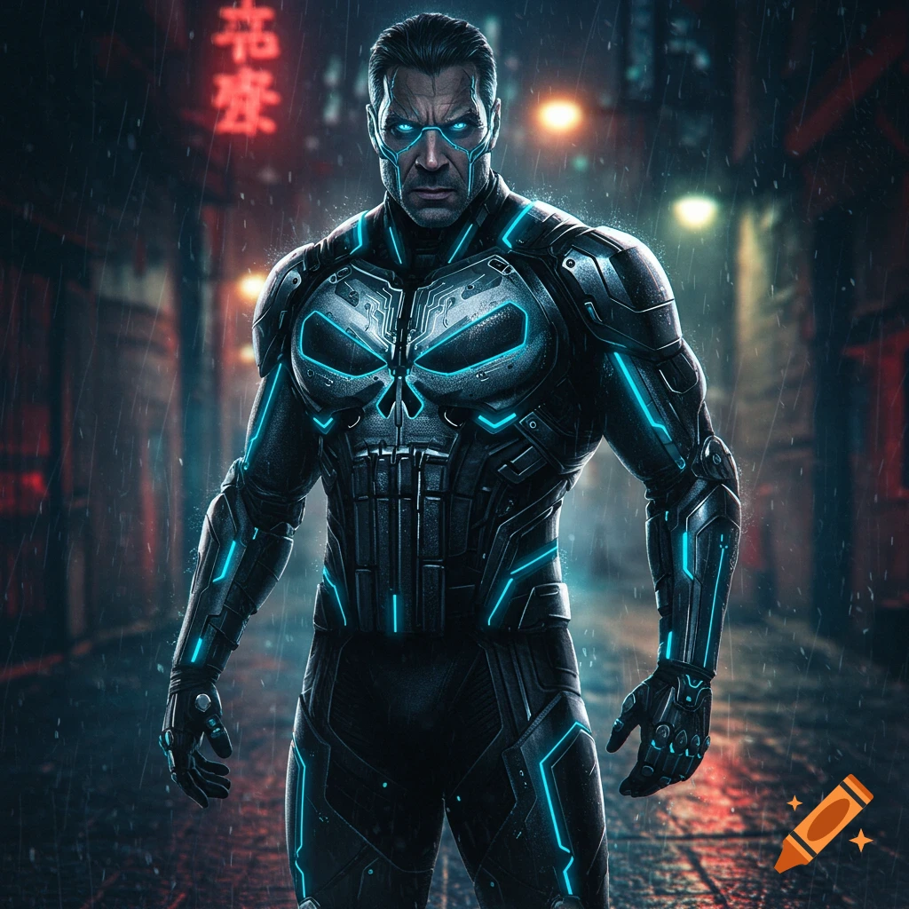 A man resembling the Punisher in a black armored suit with glowing blue lines stands in a dark, rainy cyberpunk alley.