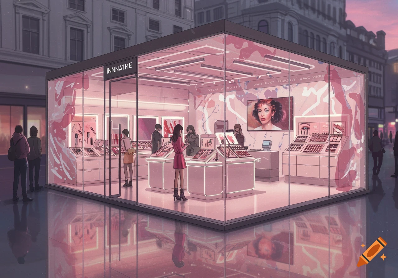 An illustrative image of a modern, glass makeup pop-up store with pink lighting on a city street at dusk, with people inside and outside.