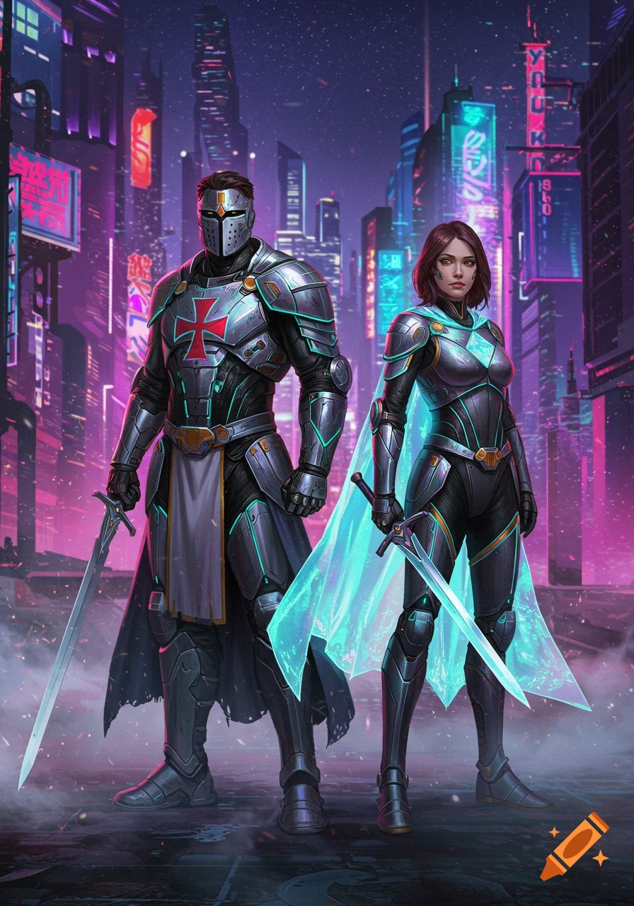A male and female knight in futuristic armor stand in a neon-lit cyberpunk city, holding swords. The male wears a Templar cross.