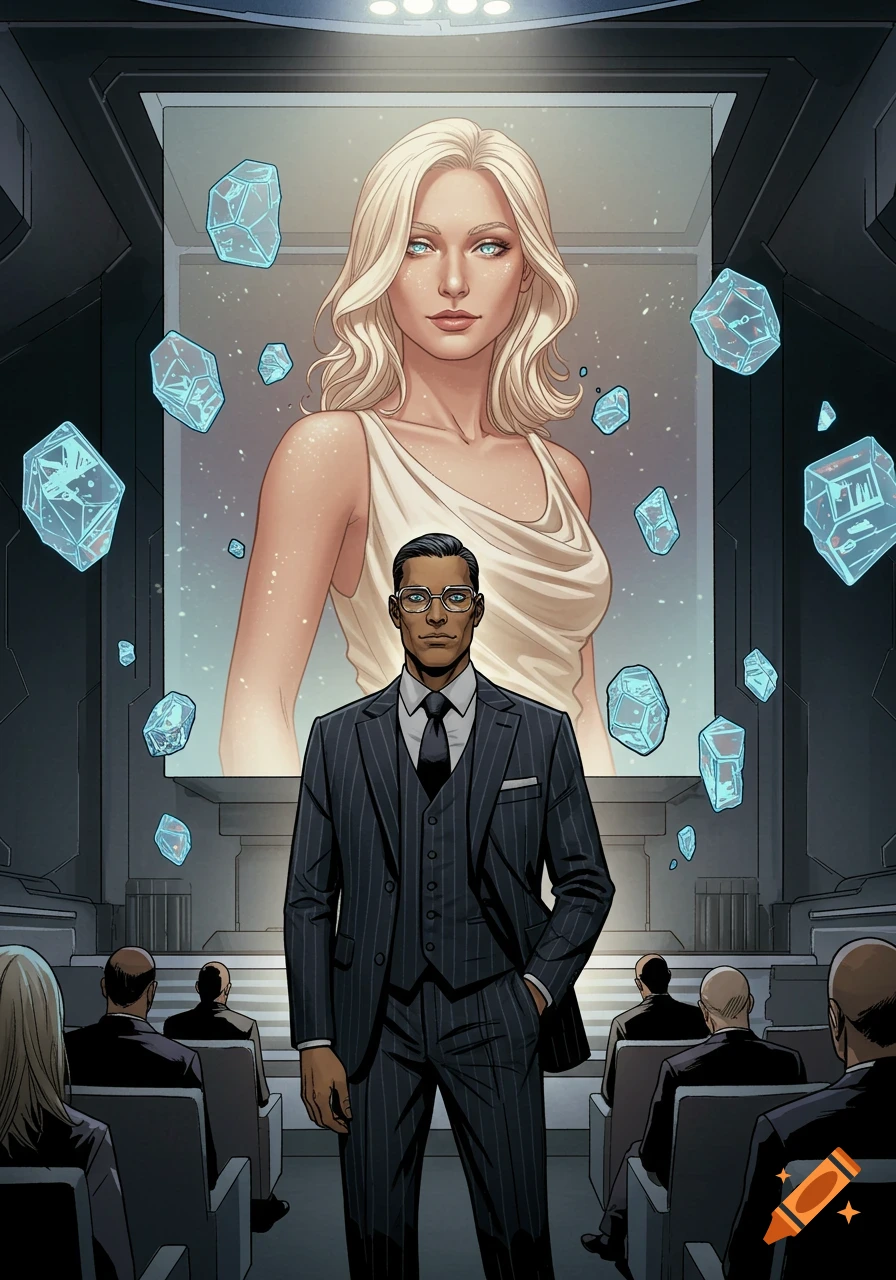 A man in a pinstripe suit stands in a futuristic auditorium before a large screen displaying a blonde woman. Graphic novel style.