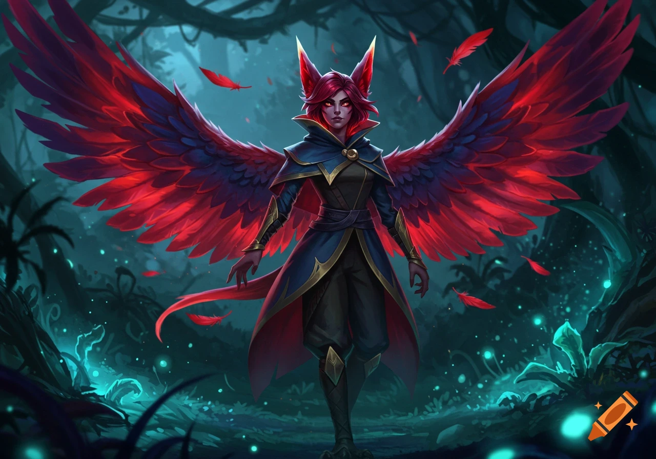 A fantasy character with red hair, large red wings, and a dark blue cloak stands in a glowing, dark forest.