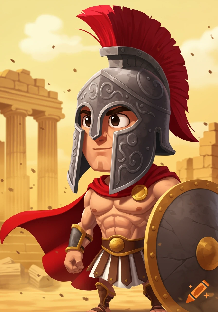 A cartoon Spartan warrior in a grey helmet with a red plume, red cape, and shield stands in front of ancient ruins.