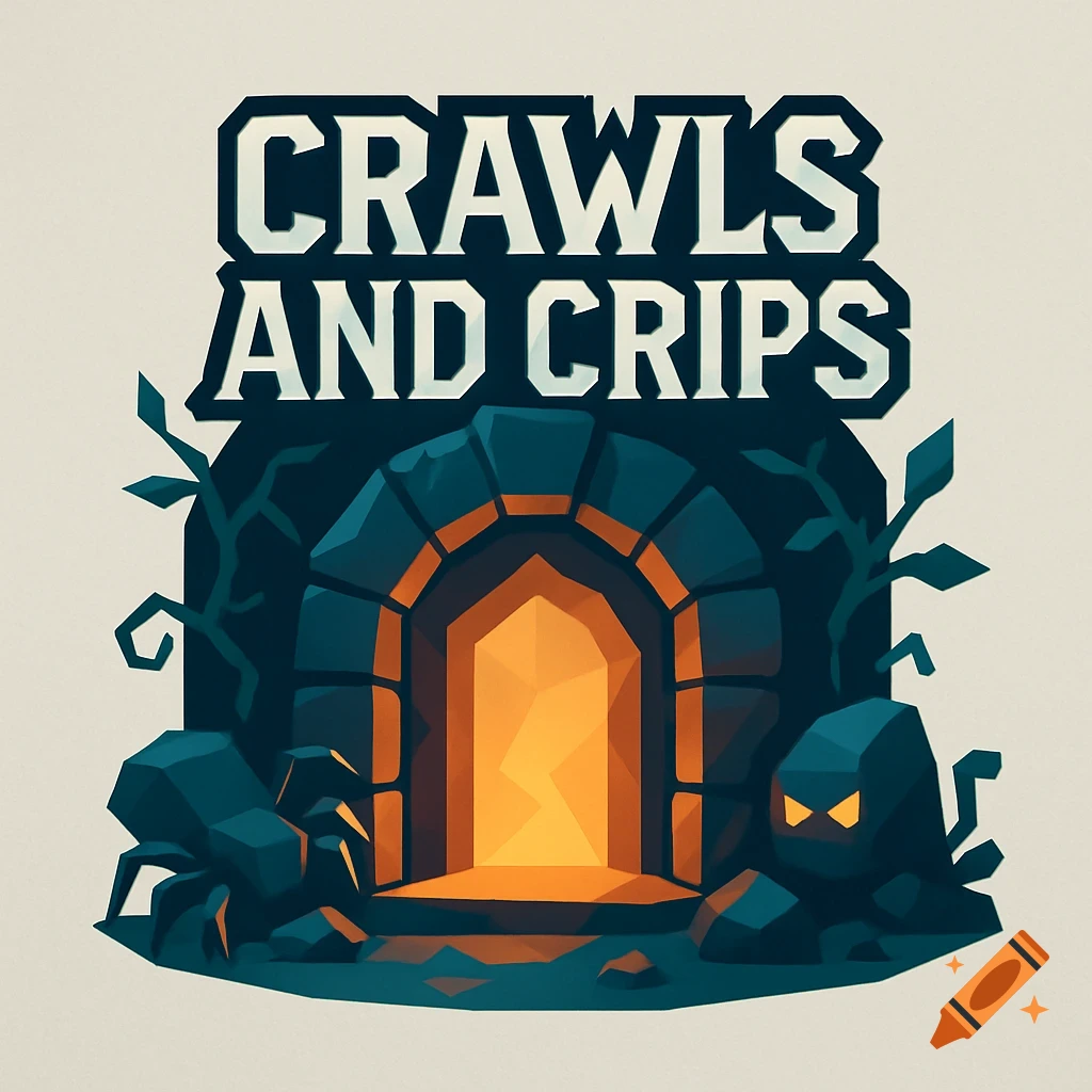 Low-poly logo for 'Crawls And Crips' game, featuring a dungeon entrance with glowing light, rocks, and vines.