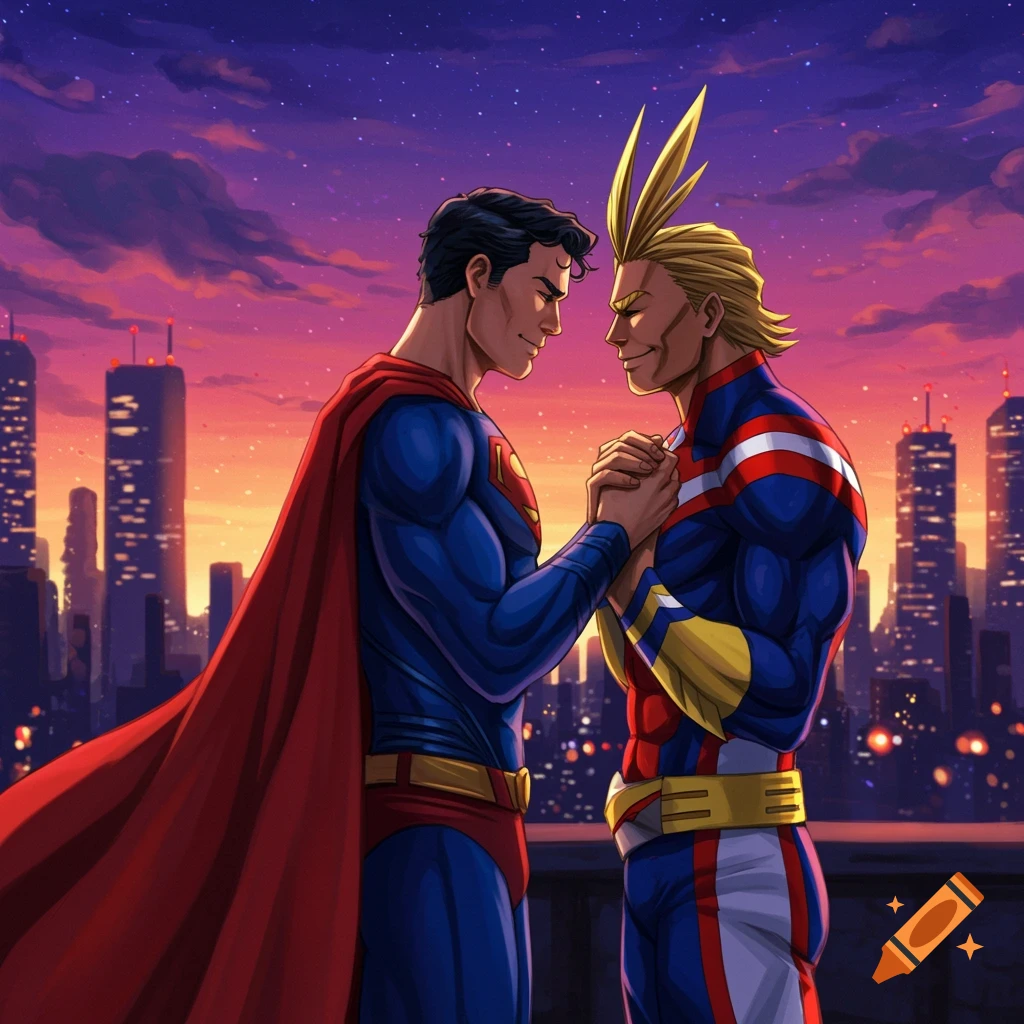 Superman and All Might holding hands on a rooftop at sunset, city skyline in background, comic art style.