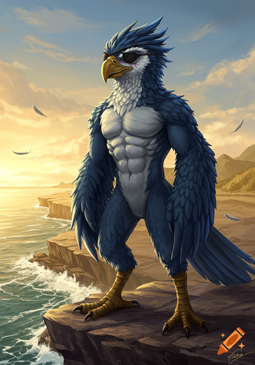 An anthropomorphic Aarakocra with a black eyepatch stands majestically on a cliff overlooking a rough sea at sunset.