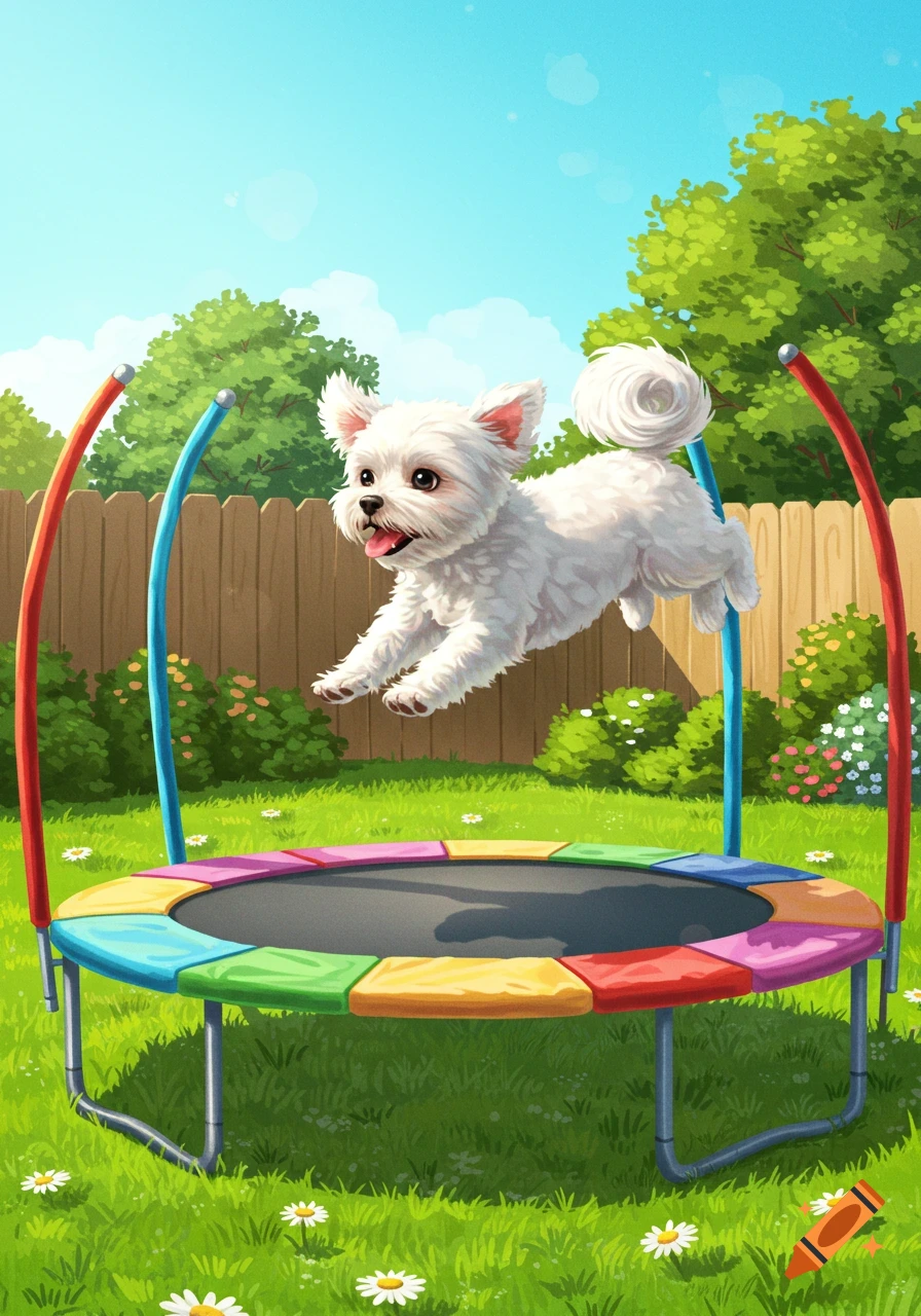 新品★ アーティストTRAMPOLINE トランポリン　Friendly dog A white shih tzu dog jumping on a colorful trampoline in a grassy