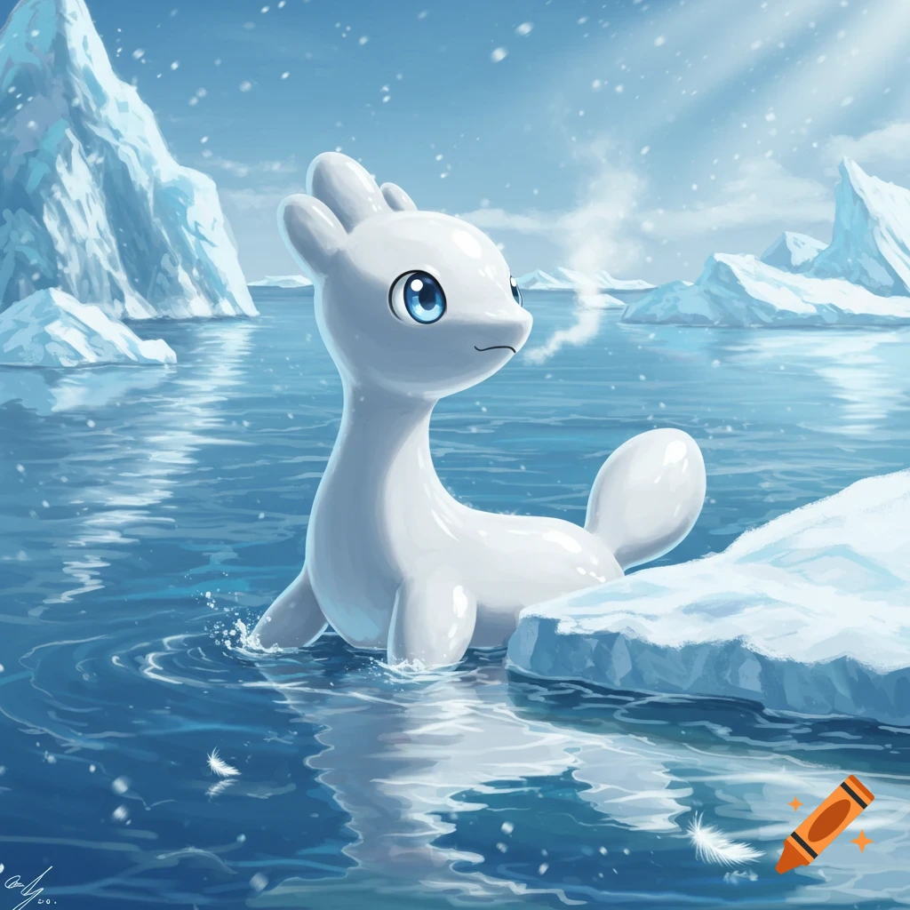 A cute white Seel Pokemon with big blue eyes swims in icy blue water amidst icebergs and falling snow.
