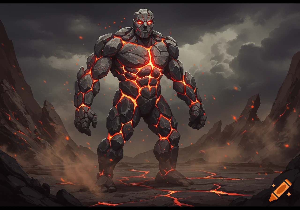 A large, muscular rock creature with glowing orange cracks stands in a volcanic landscape under a dark sky.