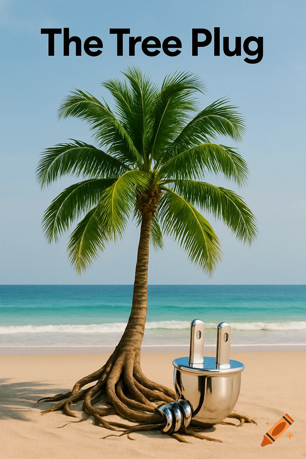 A palm tree with exposed roots next to a chrome electrical plug on a sandy beach, with text 'The Tree Plug' above.