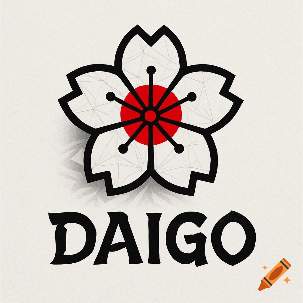 A minimalist logo featuring a white cherry blossom with a red circle and black lines at its center, with the black text "DAIGO" below it.