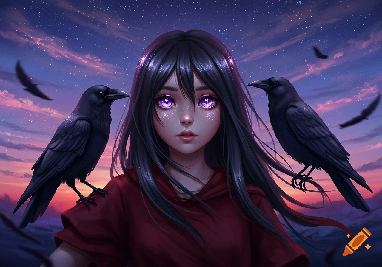 Anime girl with purple glowing eyes and black hair, flanked by two crows, under a starry dusk sky.