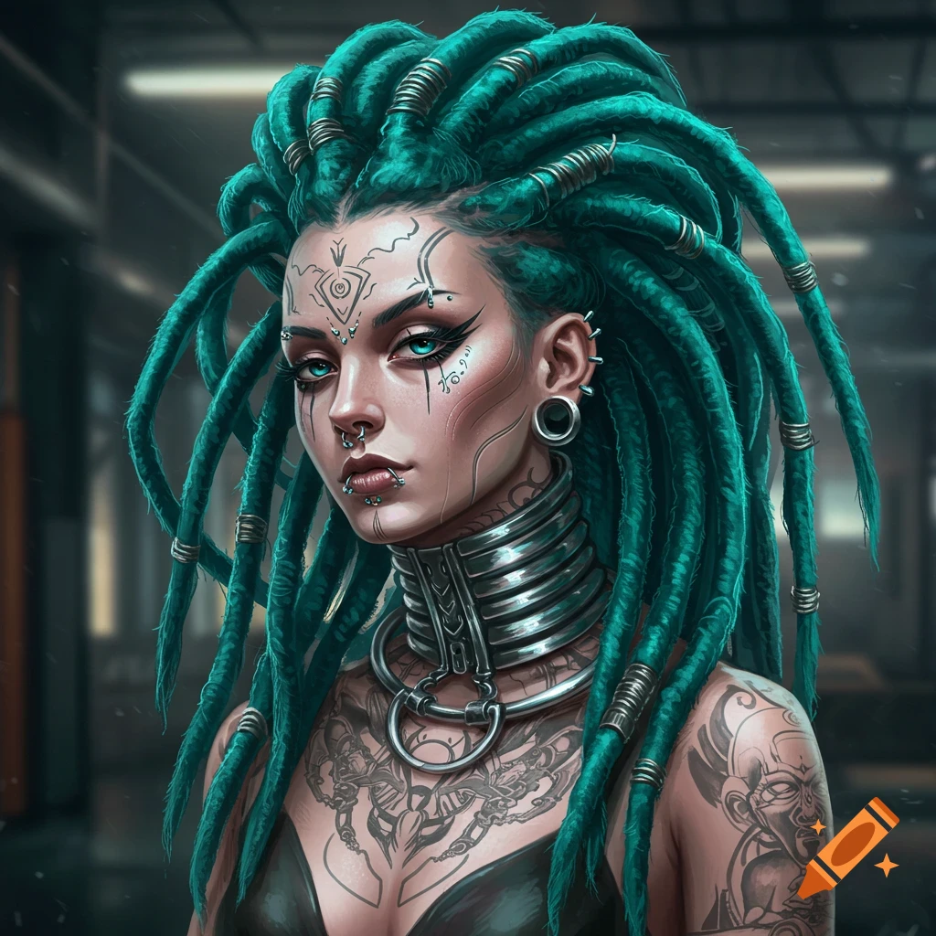 Cyberpunk portrait of a woman with teal dreadlocks, face tattoos, body piercings, and a large metal choker.