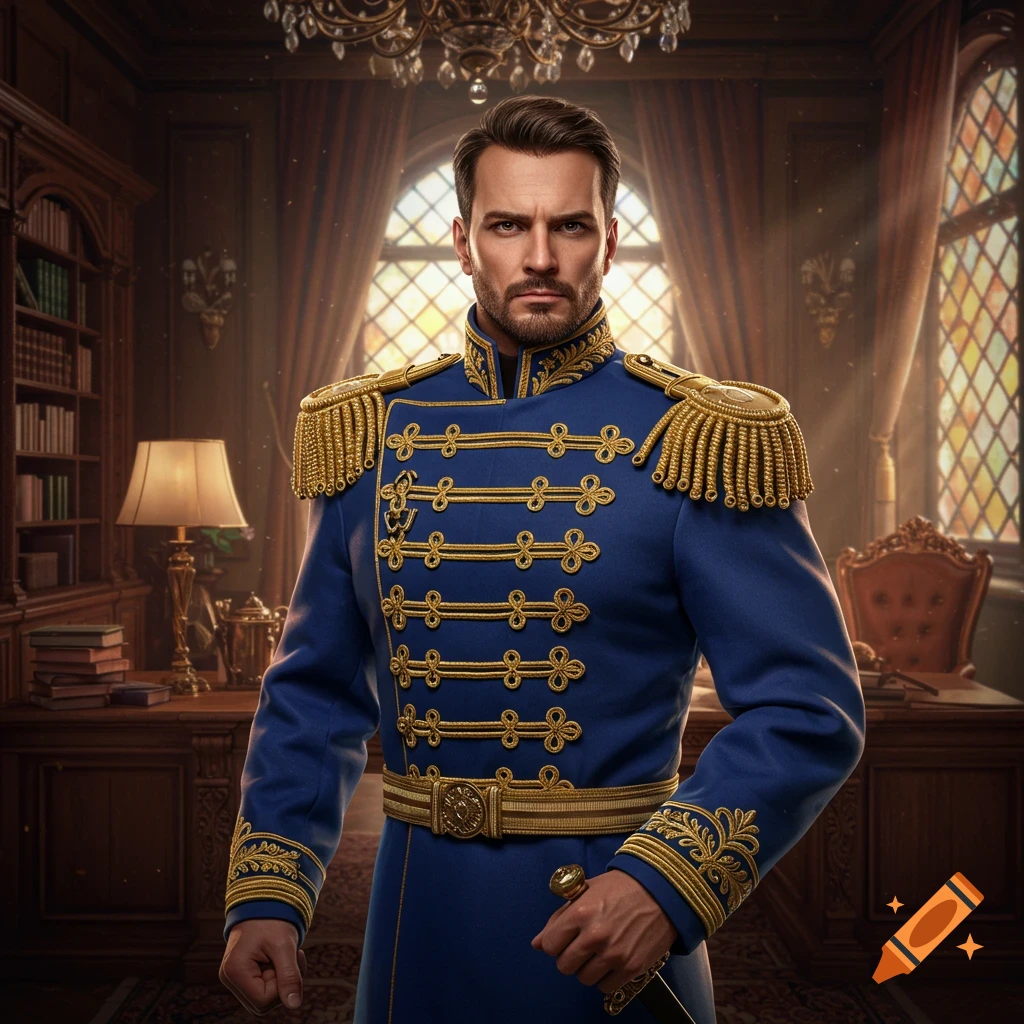 A confident man in an ornate blue military uniform with gold embroidery stands in an opulent fantasy office.