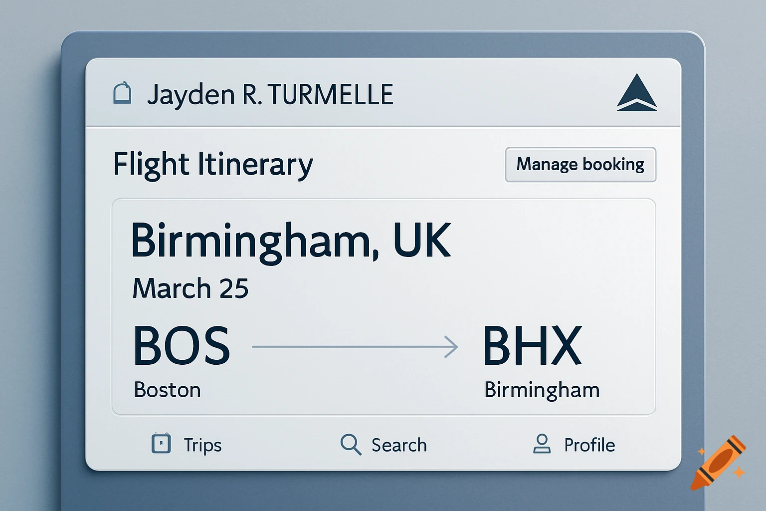 Digital display of a flight itinerary for Jayden R. Turmelle, showing a flight to Birmingham, UK on March 25.
