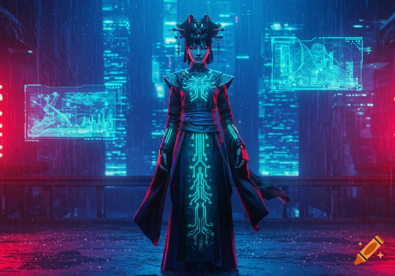A woman in a black and neon blue futuristic Chinese outfit stands in a rainy cyberpunk city with glowing circuit patterns on her dress.