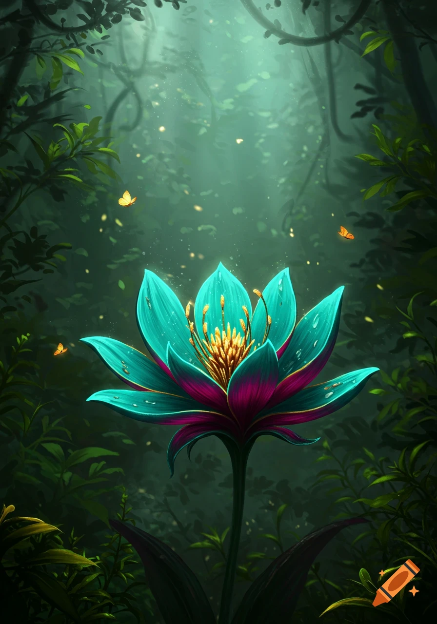 A vibrant blue and pink exotic flower glows in a mystical, lush green forest with light rays and glowing particles.