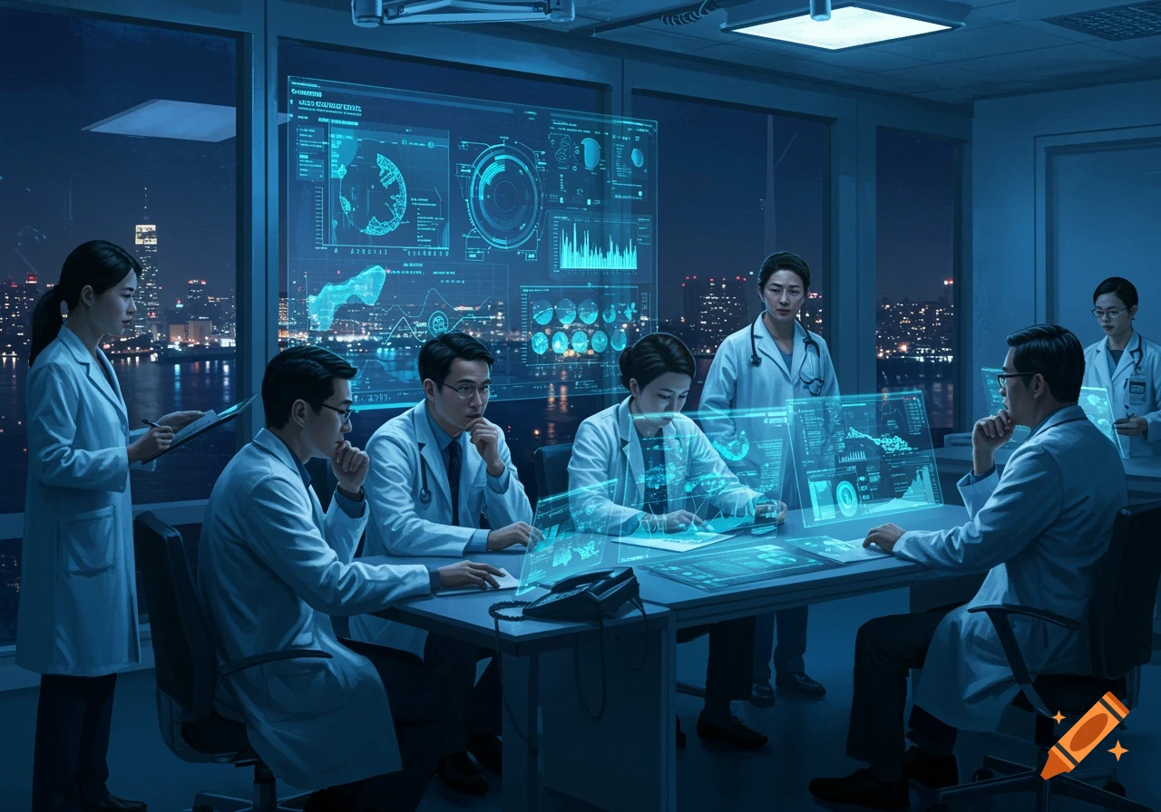 Doctors in lab coats gathered around a table, viewing futuristic holographic screens with data in a high-tech office overlooking a city at night.