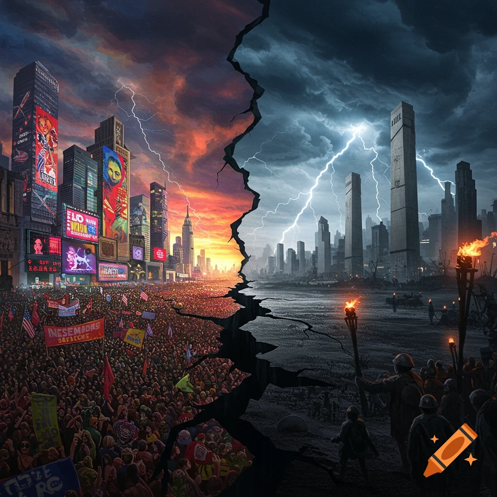 A dramatic split image of a city: one side shows a vibrant, protesting crowd under an orange sky, the other a desolate cityscape under a dark, stormy sky with lightning.