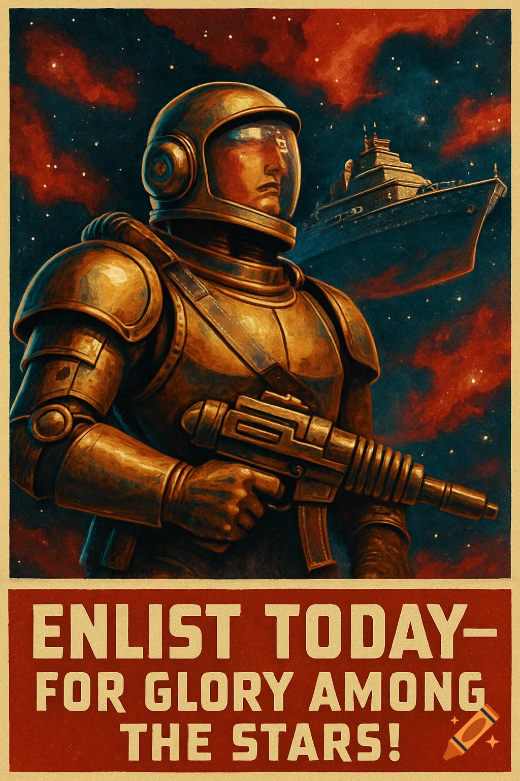 Vintage-style sci-fi propaganda poster featuring an armored soldier with a rifle, spaceship, and starry red nebula. Text reads: ENLIST TODAY- FOR GLORY AMONG THE STARS!