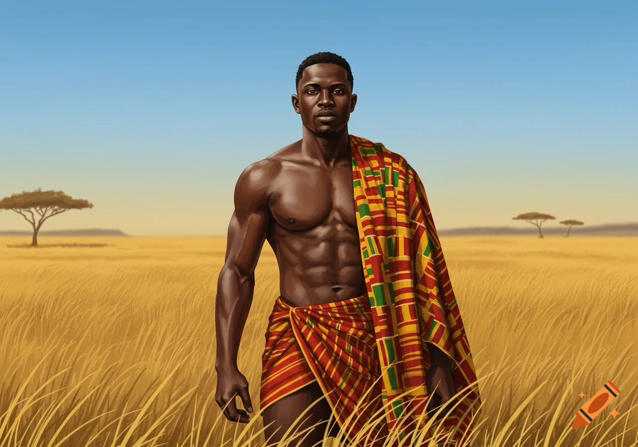 A muscular Black man wearing a traditional red, yellow, and green patterned cloth stands in a golden savanna with acacia trees under a blue sky.