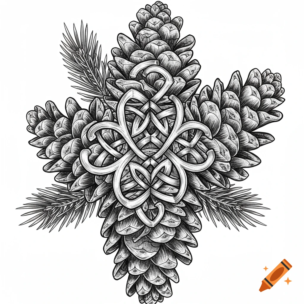 Black and white illustration of four pinecones arranged in a cross with a central Celtic knot design.
