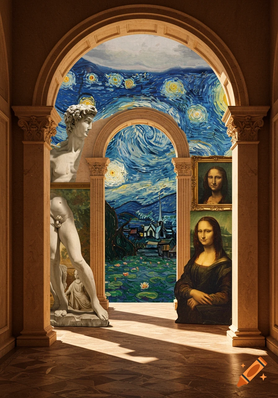 A grand hall with arches opening to a collage of famous artworks including Michelangelo's David, Van Gogh's Starry Night, Monet's Water Lilies, and Da Vinci's Mona Lisa.