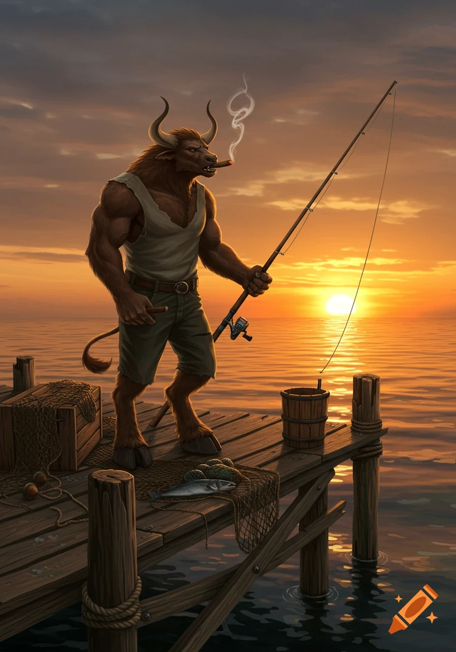 A muscular minotaur stands on a wooden dock fishing and smoking a cigar, with a vibrant sunset over the water.
