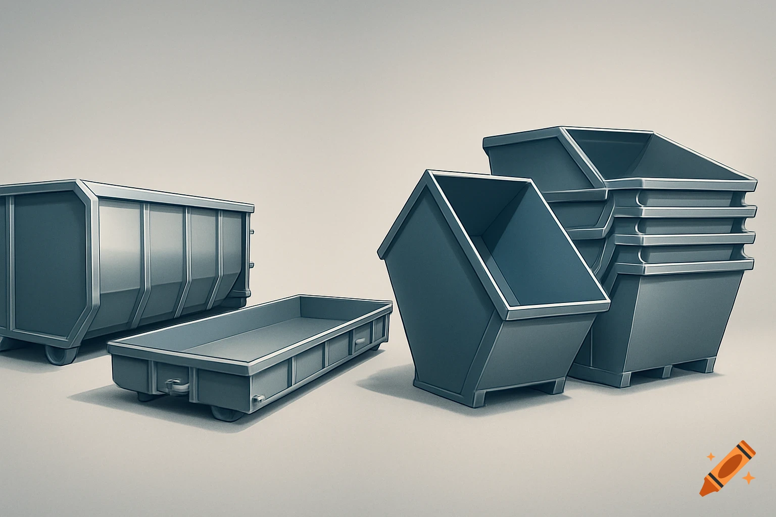 An illustration of various industrial bins, including a flat deck roll-off bin, a large steel bin, and a stack of three slanted front-end loader bins.
