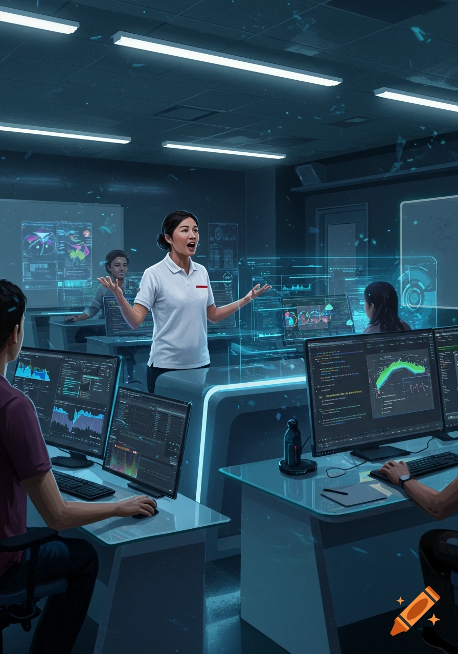 A woman in a white polo shirt presents in a futuristic control room with multiple glowing computer screens showing data and code, surrounded by other technicians.