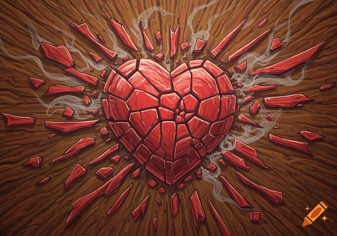 A red heart shatters into many geometric pieces, with shards flying outwards against a textured brown background, in a woodcut style.