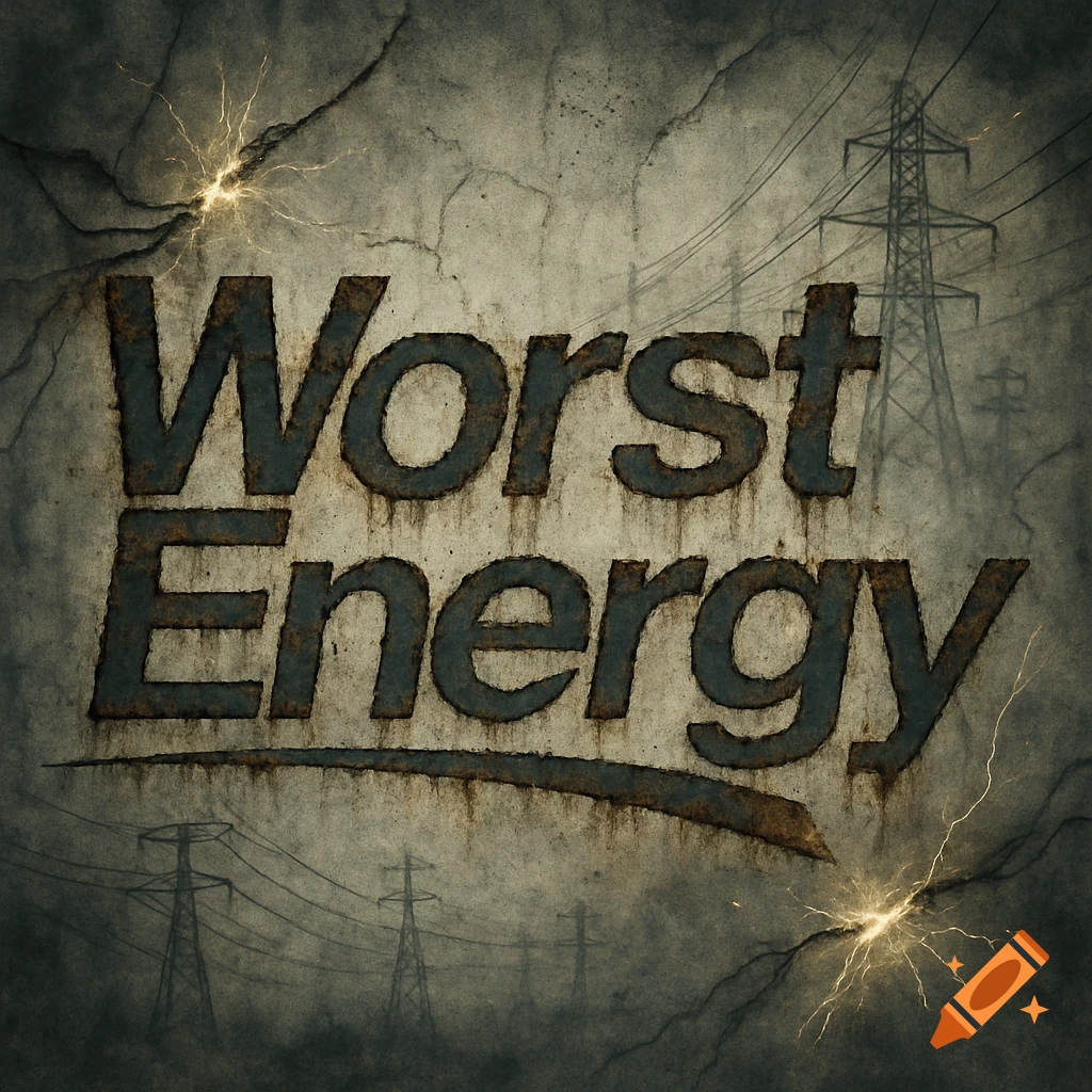 A grungy logo with the text 'Worst Energy' on a cracked concrete background, featuring power lines and lightning strikes.