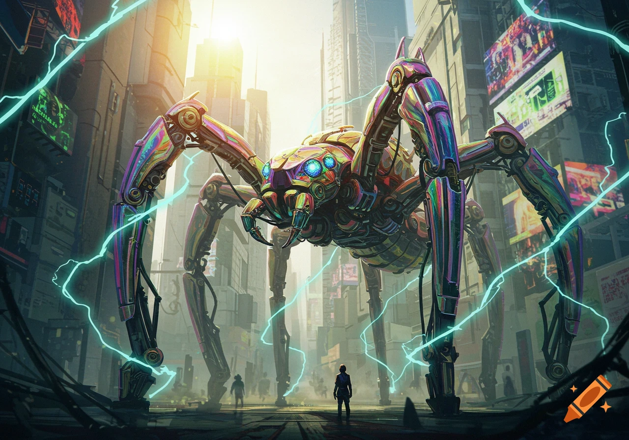 A giant, colorful mechanical spider-like robot stands in the middle of a futuristic city street, with electric arcs surrounding it. Two small human figures look up at it.