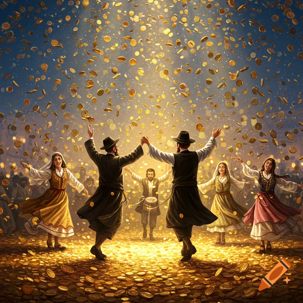People in traditional clothing dance joyfully under a shower of golden coins, with more coins covering the ground.