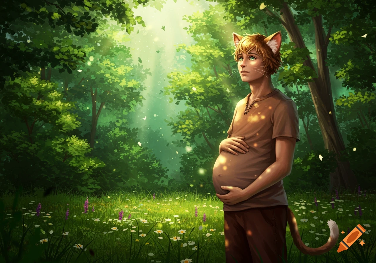 A male-presenting person with cat ears and a tail, appearing pregnant, stands in a magical forest clearing filled with light.