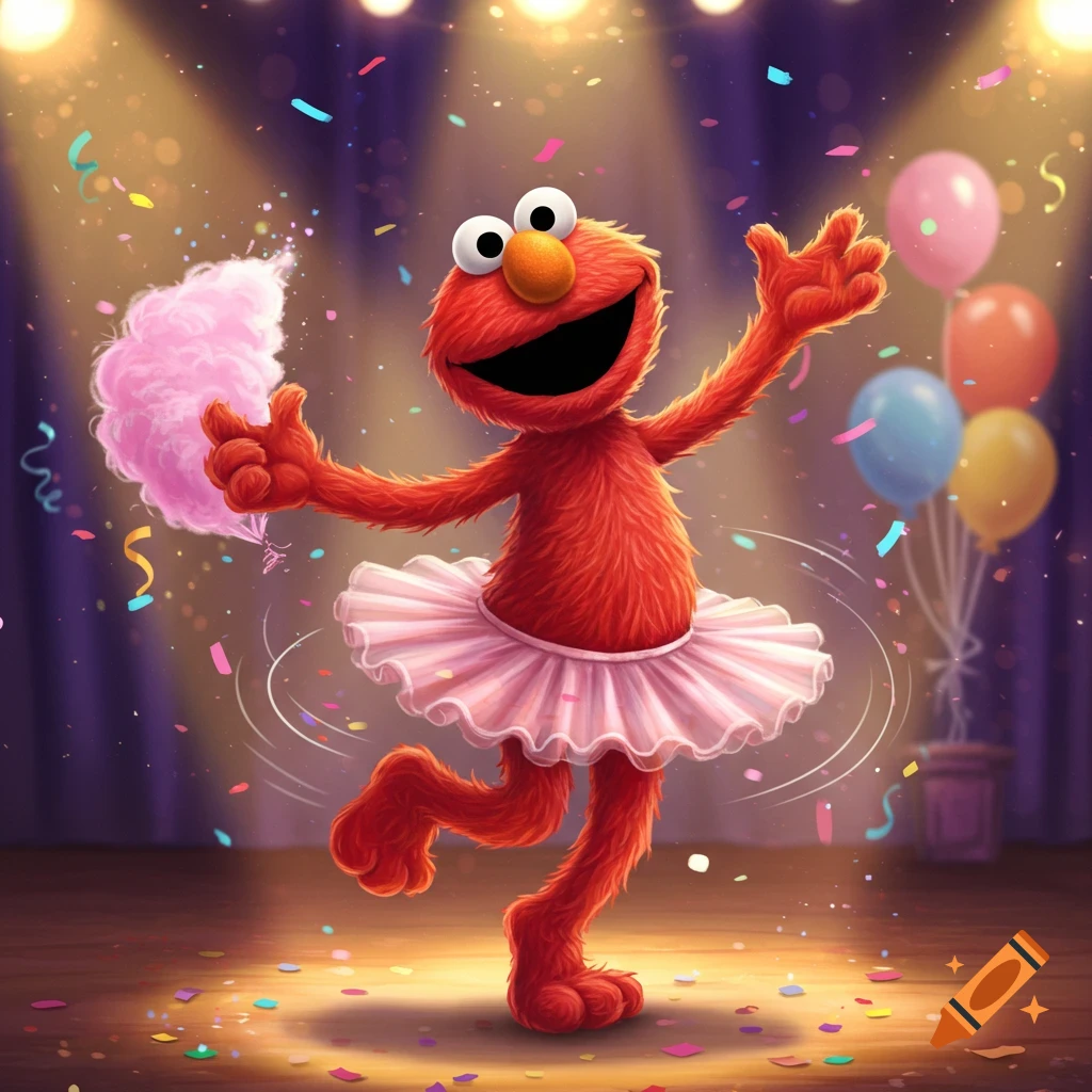 Elmo in a pink tutu dances on a stage with cotton candy, confetti, and balloons.