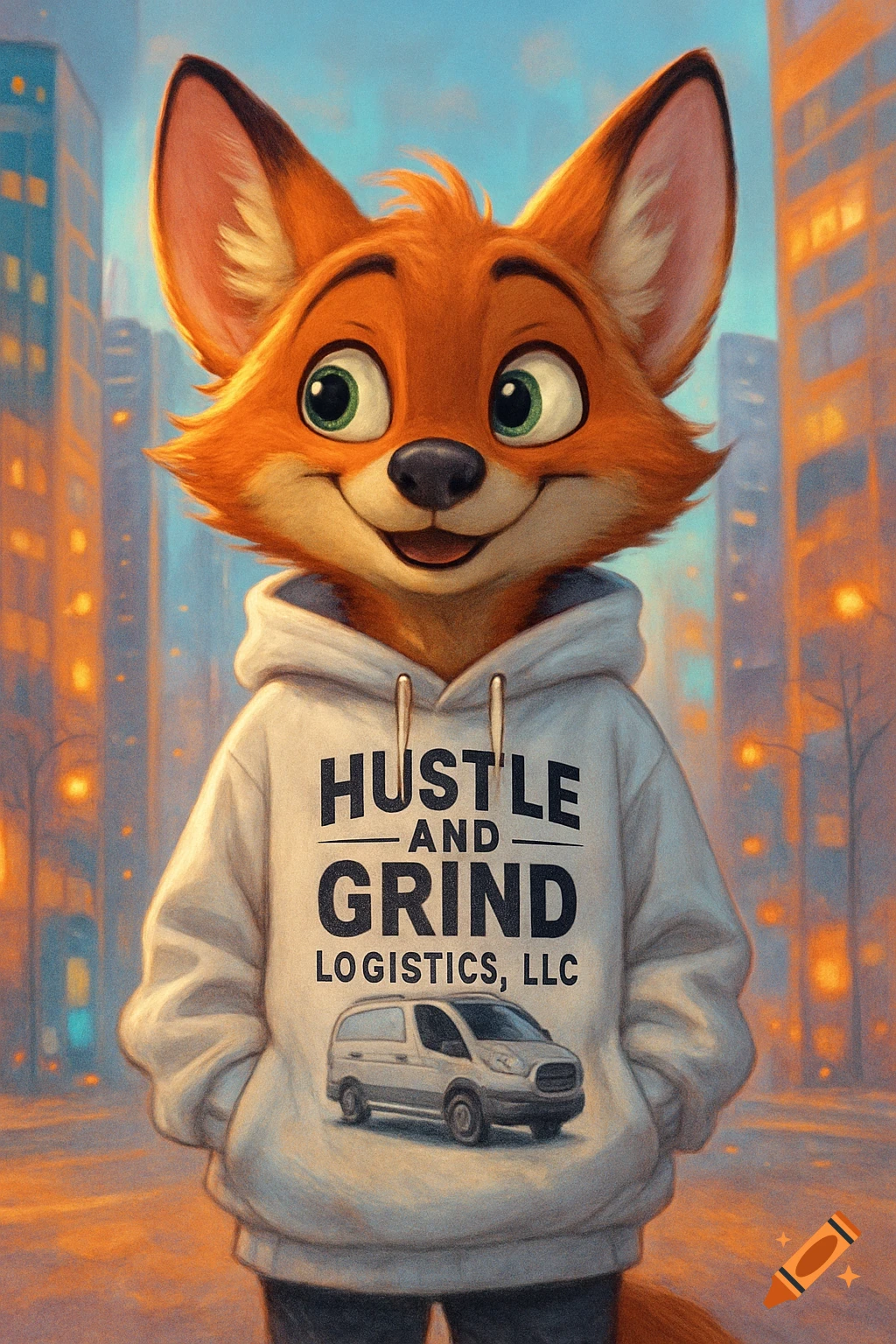 A cartoon fox character wearing a white hoodie with "Hustle and Grind Logistics, LLC" and a cargo van illustration, in a city at sunset.