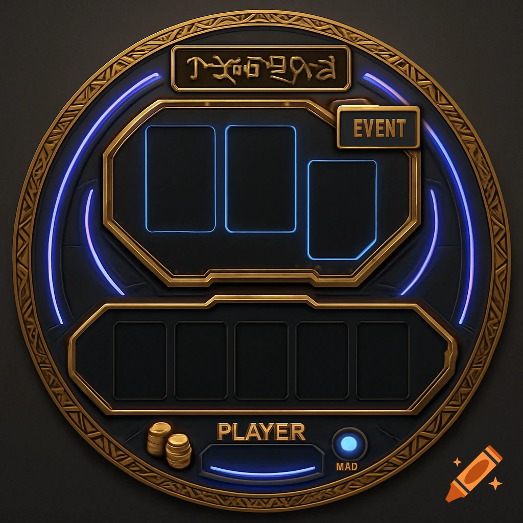 A circular, gold and black sci-fi game board with glowing blue neon accents. It features empty card slots, a player zone with gold coins, and alien symbols.