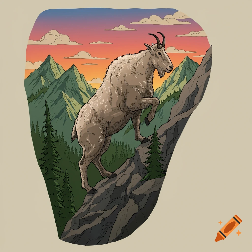 A stylized illustration of a mountain goat climbing a rocky slope with green trees, mountains, and an orange and blue sunset sky in the background.