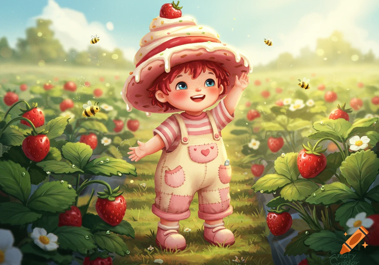 A happy cartoon boy with a strawberry shortcake hat in a vibrant strawberry field with bees.