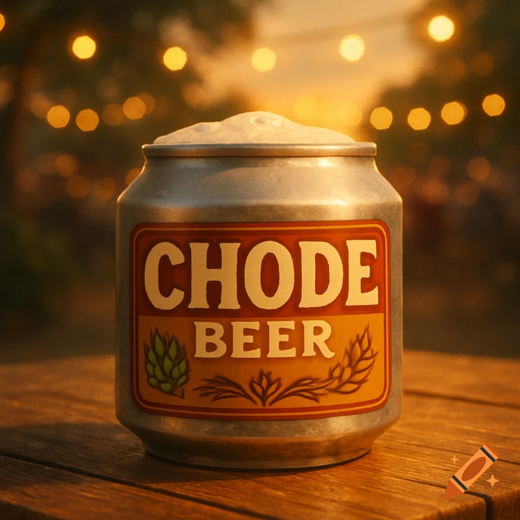A wide, short beer can with foam on top, labeled 'CHODE BEER', sits on a wooden table with blurred string lights in the background.