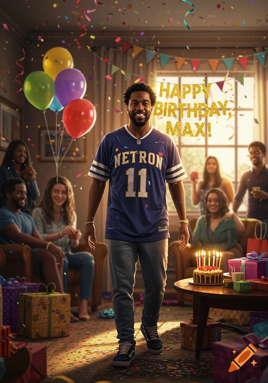 A man in a blue jersey with 'NETRON 11' walks towards the viewer at a birthday party with friends, balloons, confetti, a cake, and gifts. A banner in the background reads 'HAPPY BIRTHDAY, MAX!'.