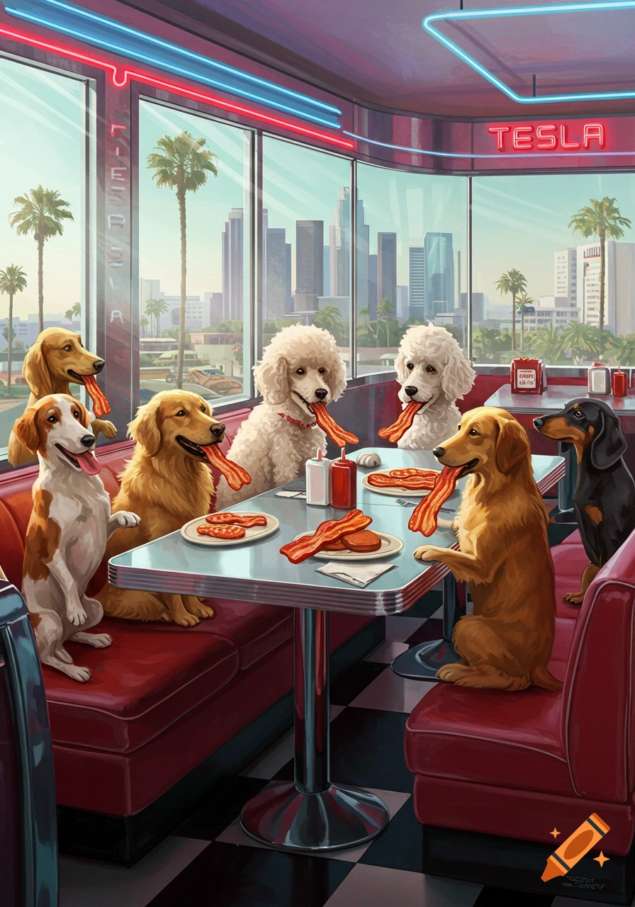 Dogs of various breeds sit at a retro diner booth, eating bacon. The Los Angeles skyline and a 'TESLA' neon sign are visible.