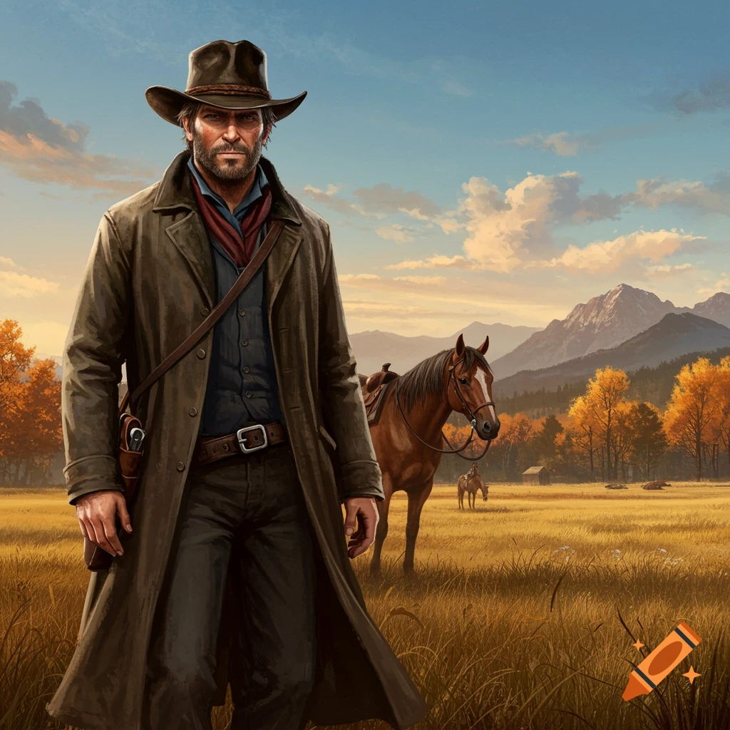 A rugged man in a cowboy hat and duster coat stands in a golden field with a horse, mountains, and autumn trees in the background.