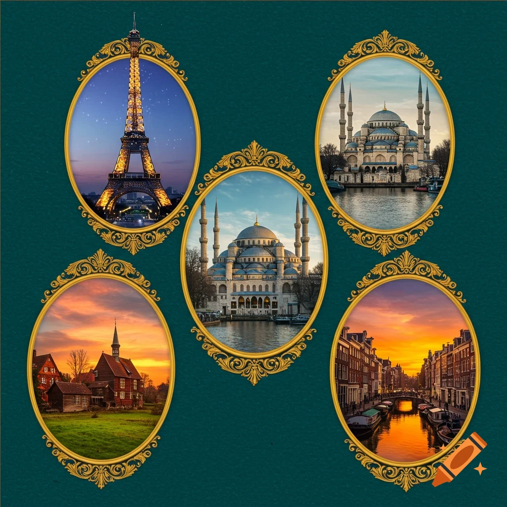Five gold-framed oval images featuring the Eiffel Tower, the Blue Mosque, a red village church, and Amsterdam canals, set against a teal background.