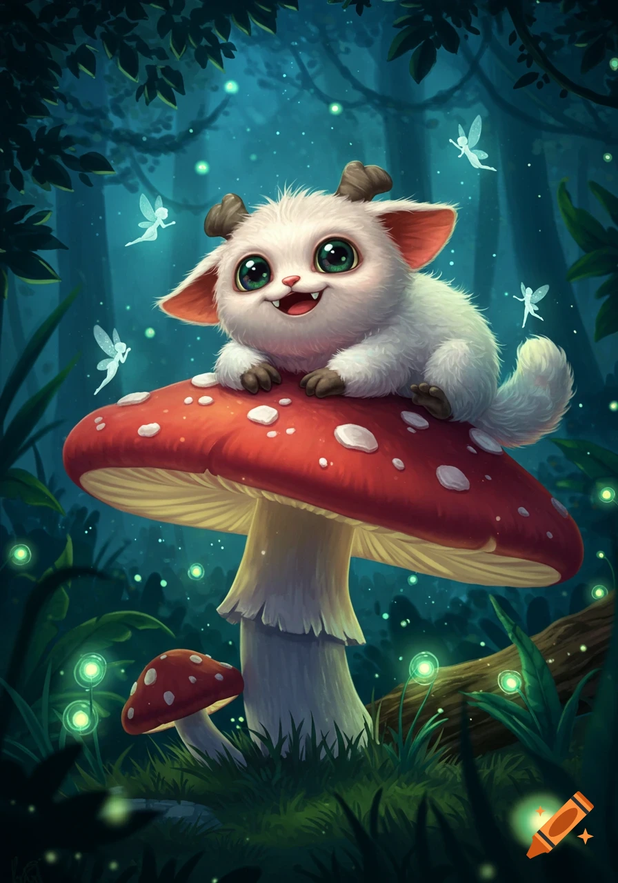 A fluffy white fantasy creature with big green eyes sits on a red mushroom in a magical forest with glowing plants and flying fairies.