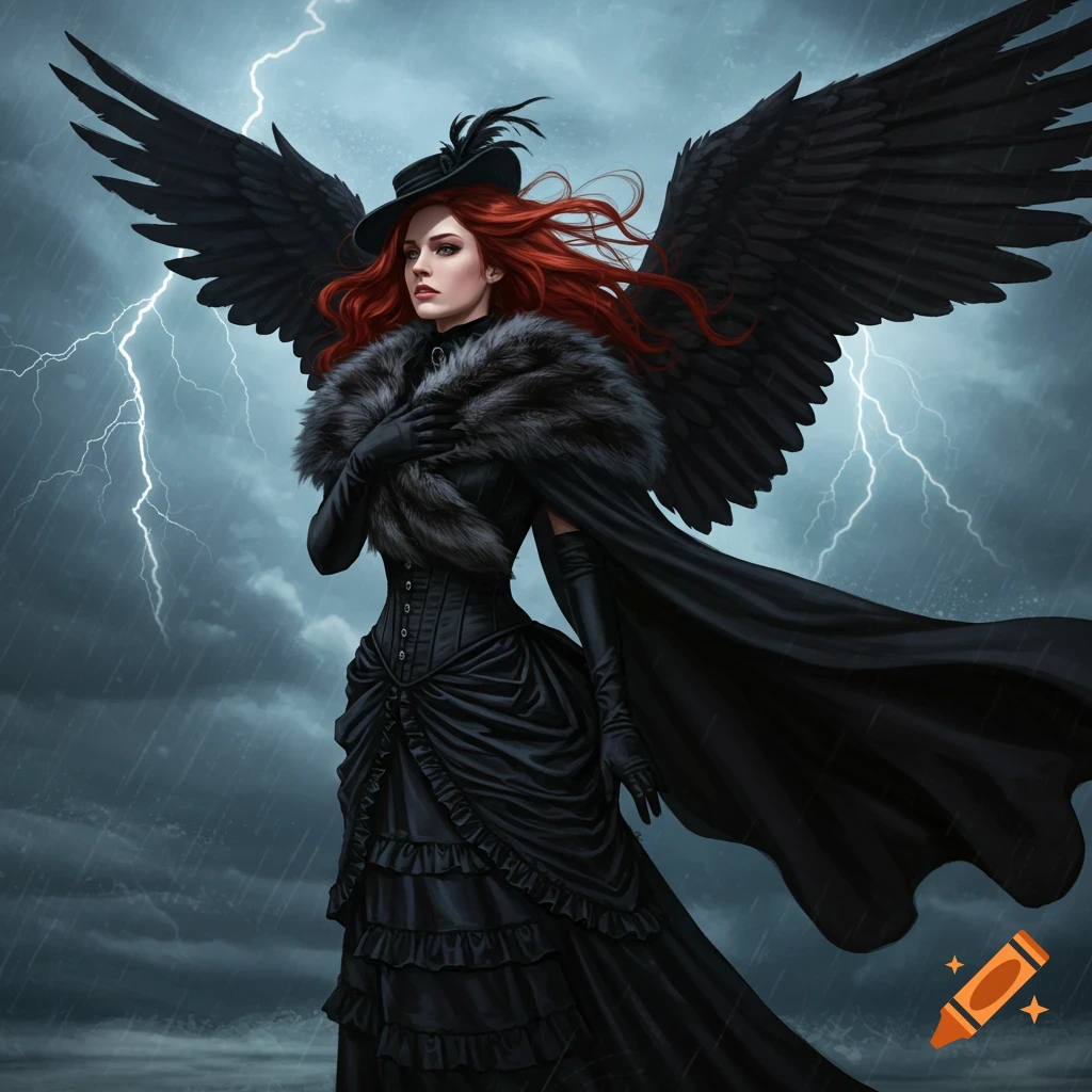 A red-haired Victorian woman with large black wings, a black gown, and fur stole stands against a stormy sky with lightning.