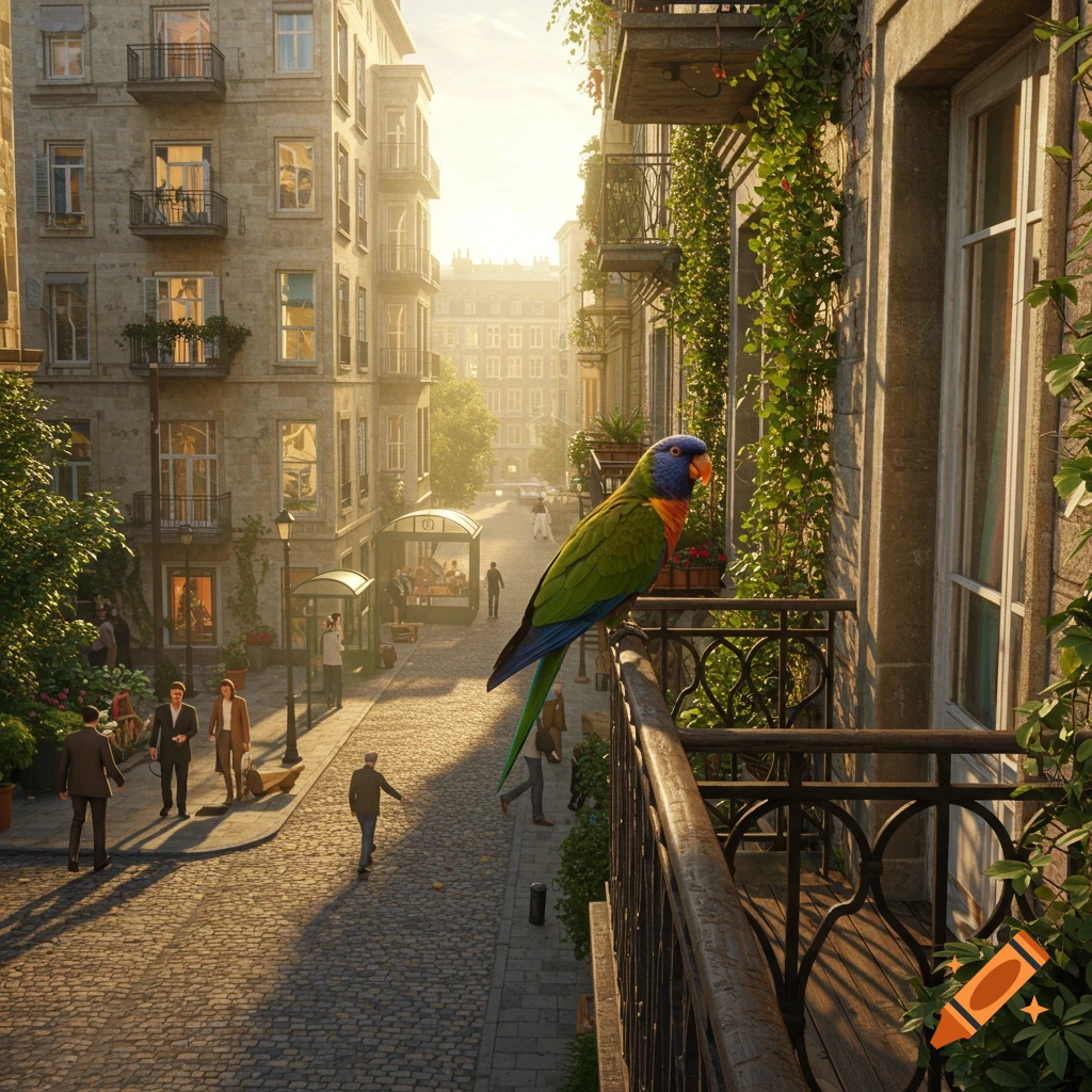 A colorful parrot on a balcony overlooks a sunny, photorealistic European city street with stone buildings and pedestrians.