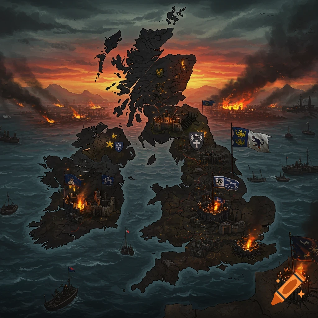 Stylized map of the United Kingdom and Ireland depicting a civil war with burning cities, castles, and ships at sea under a fiery sky.